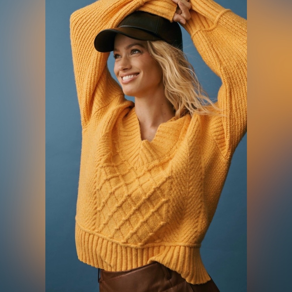Maeve Golden Yellow V-Neck Cable Knit Sweater
